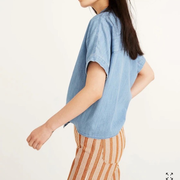 Madewell Denim Short-Sleeve Tie-Front Shirt in Hillford Wash Blue Sz S oversized - Picture 3 of 14